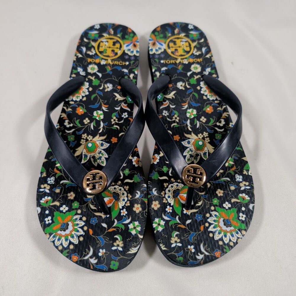 Tory Burch Floral Print Flip Flops Sandals Navy Gold Logo Women's Size 9 New